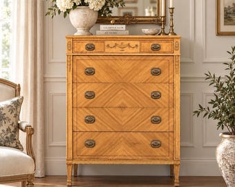 Antique Early 20th C Diamond Veneer Beige Mahogany Tall Estey Chest of Drawers 34" Wide