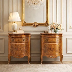 Antique Late 1800's Victorian Floral Burlwood Brass Accent Table Solid Oak Demi Lune Chests with Drawer - a Pair