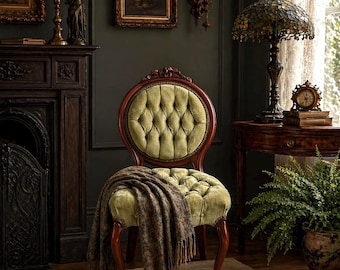 Vintage Early 20th Century Mahogany Wood & Upholstered Green Accent Chair