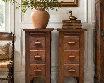 Vintage Early 20th Century Craftsman Walnut Wood Extending Side Tables with Skeleton Key & Drawer Storage - a Pair