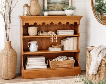 Vintage Mid 1900's Pine & Cherry Carved Cottagecore Solid Wood Bookshelf