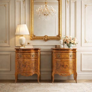 May include: Two matching antique wooden nightstands with ornate detailing. Each nightstand has a drawer and a lower cabinet section with decorative wood grain. A gold-framed mirror and chandelier are in the background.