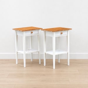 Farmhouse Cottage Style End Tables | White Painted Nightstands with Drawers & Shelves | Solid Oak Wood Side Tables- a Pair