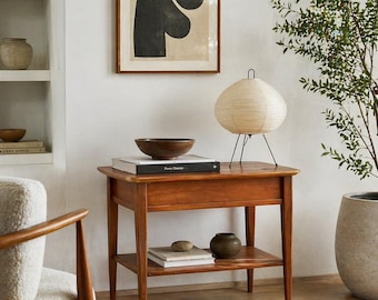 Vintage Mid Century Modern Walnut Side Table Burl Inlay Top – End Table with Shelf Storage