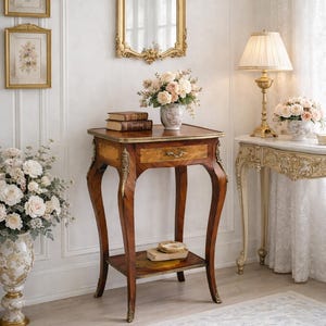 May include: A vintage-style, wooden side table with a drawer and a lower shelf. The table has ornate, curved legs and gold accents. A gold-framed mirror and framed floral prints hang on the white wall. A lamp and flowers are also visible.