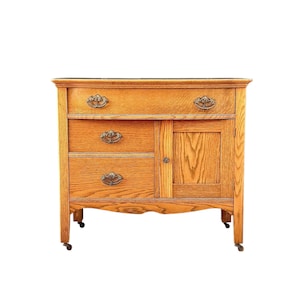Antique Solid Wood Oak Entryway Chest on Casters
