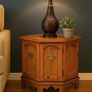 Vintage Oak Hexagon Cabinet End Table