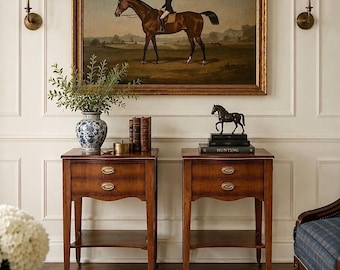 Vintage Mid 1900s Solid Mahogany Wood & Leather Traditional End Tables on Casters 17.75" Wide - a Pair
