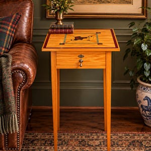 May include: A light-colored wooden side table featuring a single drawer with a brass pull and a central keyhole. The square tabletop displays a decorative inlaid geometric border and a central motif, supported by four straight, tapered wooden legs.