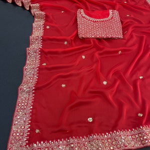 Sabyasachi Designer Red saree for wedding party wear Bollywood style ready to wear saree for Indian Traditional Festival saris skirt top image 9