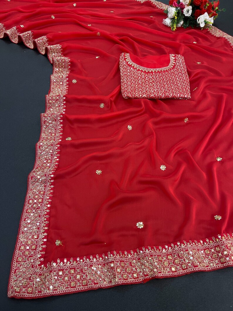 Sabyasachi Designer Red saree for wedding party wear Bollywood style ready to wear saree for Indian Traditional Festival saris skirt top image 9