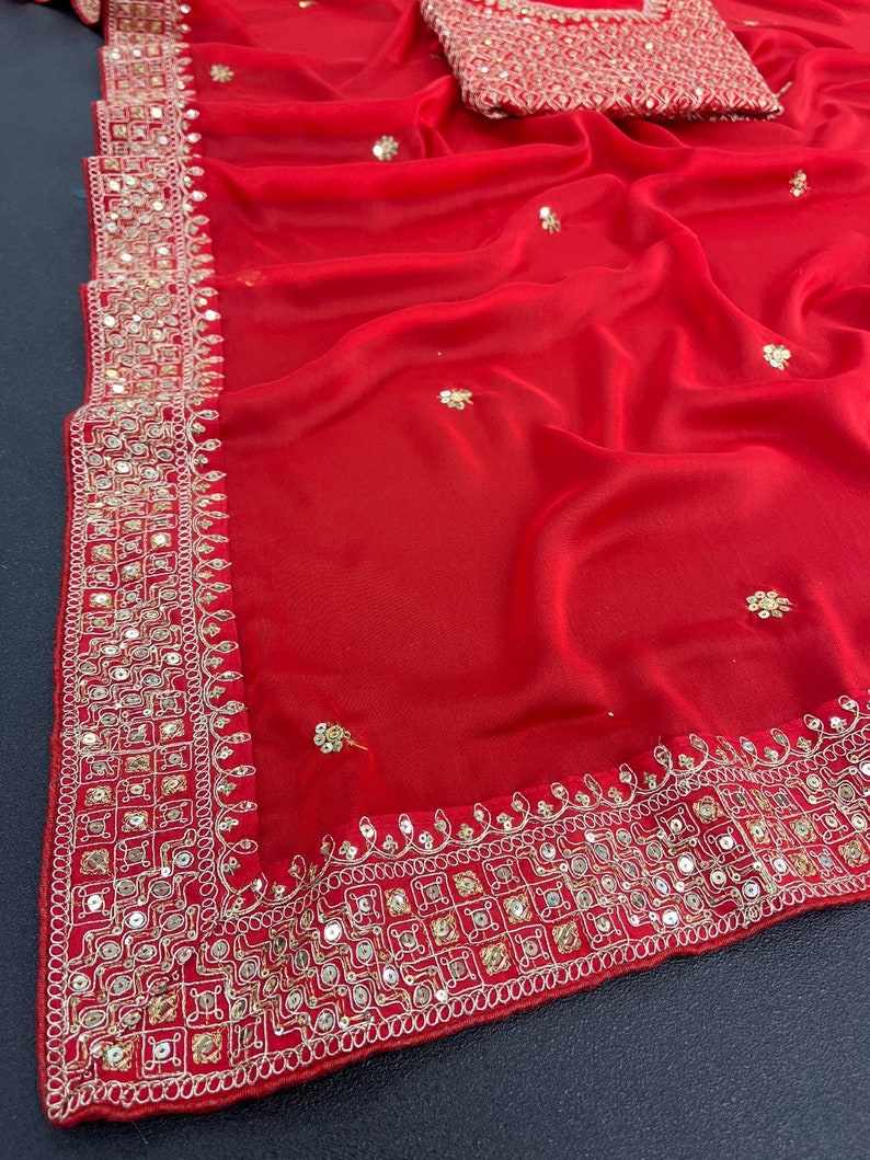 Sabyasachi Designer Red saree for wedding party wear Bollywood style ready to wear saree for Indian Traditional Festival saris skirt top image 7