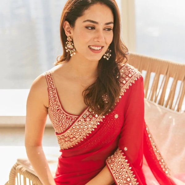 Roter Designer-Sari von Sabyasachi für Hochzeitsfeiern im Bollywood-Stil, gebrauchsfertiger Saree für das Saris-Rockoberteil des traditionellen indischen Festivals