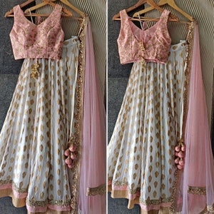 Ivory Pink Lehenga, Indian Designer Lehenga, Wedding Lehenga, Crop top skirt, Bridesmaids Lehenga, girl's lehenga, mom daughter lehenga