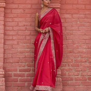 Sabyasachi Designer Red saree for wedding party wear Bollywood style ready to wear saree for Indian Traditional Festival saris skirt top image 8