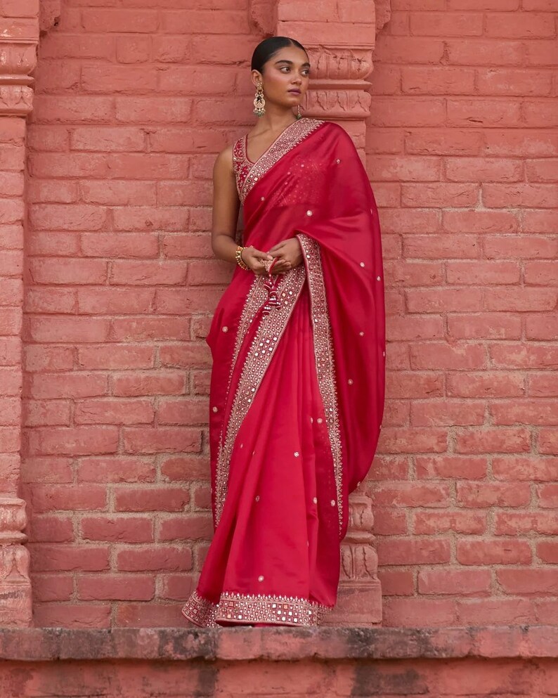 Sabyasachi Designer Red saree for wedding party wear Bollywood style ready to wear saree for Indian Traditional Festival saris skirt top image 8