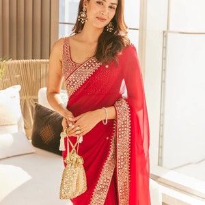 Sabyasachi Designer Red saree for wedding party wear Bollywood style ready to wear saree for Indian Traditional Festival saris skirt top image 6