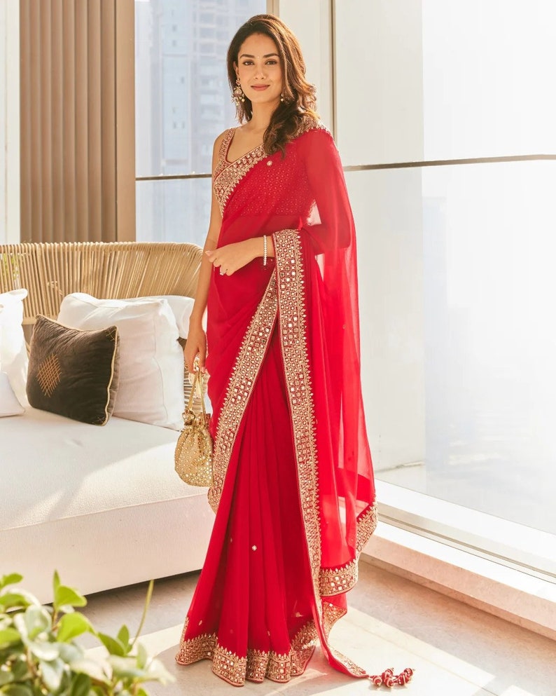 Sabyasachi Designer Red saree for wedding party wear Bollywood style ready to wear saree for Indian Traditional Festival saris skirt top image 4