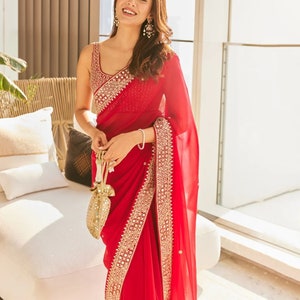 Sabyasachi Designer Red saree for wedding party wear Bollywood style ready to wear saree for Indian Traditional Festival saris skirt top image 3