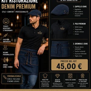 Könnte beinhalten: Ein Denim Premium Restaurations-Kit für Restaurants, Bars und Bistros. Das Set beinhaltet eine marineblaue Flatcap, ein schwarzes Poloshirt mit dem "Bistrot"-Logo und eine Jeansschürze. Das Set ist mit einem Logo oder lokalem Namen personalisierbar.