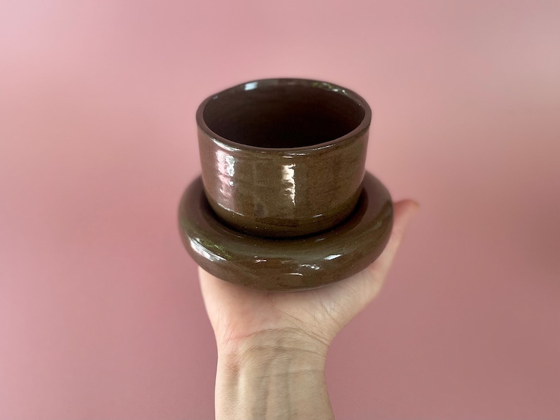 Handgemachte Keramik Donut Untertassen und Tassen Set, Braune Keramik Tasse und Untertasse, 8 oz Bild 4