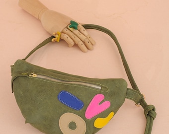 Festival Hand Stitching Leahter green Bag/Colorful Handbag/ Leather crossbody bag/ Genuine Leather Handmade/Vegetable Tanned Leather