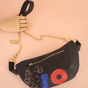 Multicolor Leahter Chain  Colorful Leather  Black crossbody Genuine Leather Elegant zipper Vegetable Tanned Leather bum bag