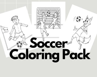 May include: Black and white colouring pages featuring football players and a fox. The title of the colouring pack is "Soccer Coloring Pack".