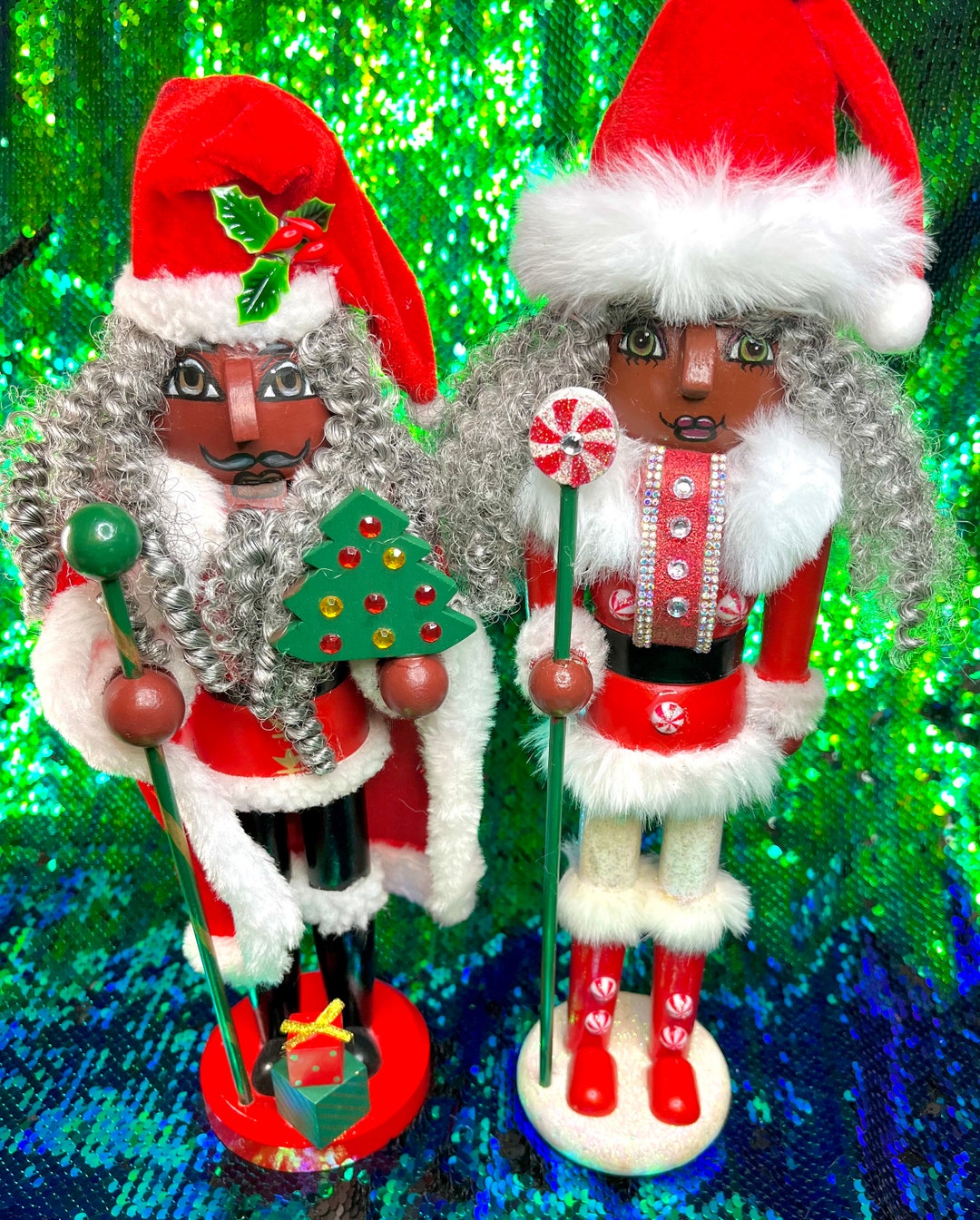 African American Mr. & Mrs. Claus Nutcracker Doll Collectible Set Doll