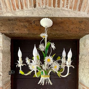 Beautiful Vintage French Daisy Flower Tole Chandelier with 5 branches image 9