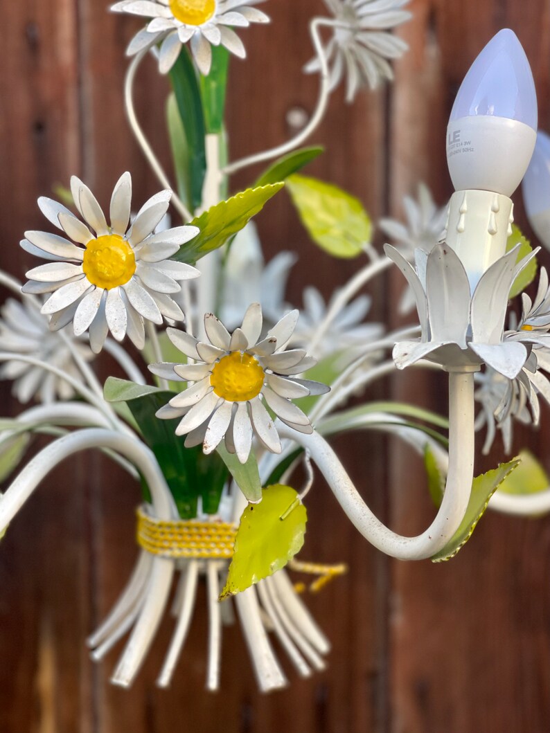 Beautiful Vintage French Daisy Flower Tole Chandelier with 5 branches image 8