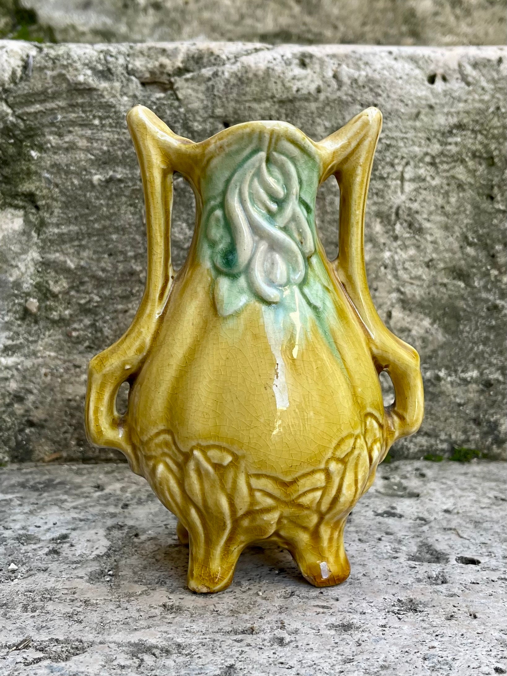 Lovely Green French Barbotine Majolica Vase