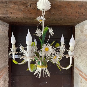 Beautiful Vintage French Daisy Flower Tole Chandelier with 5 branches image 3