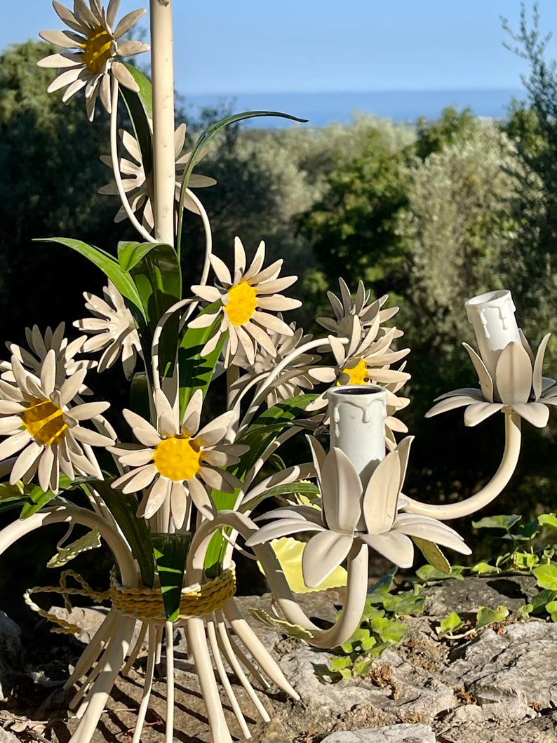 Beautiful Vintage French Daisy Flower Tole Chandelier with 5 branches image 2