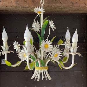 Beautiful Vintage French Daisy Flower Tole Chandelier with 5 branches