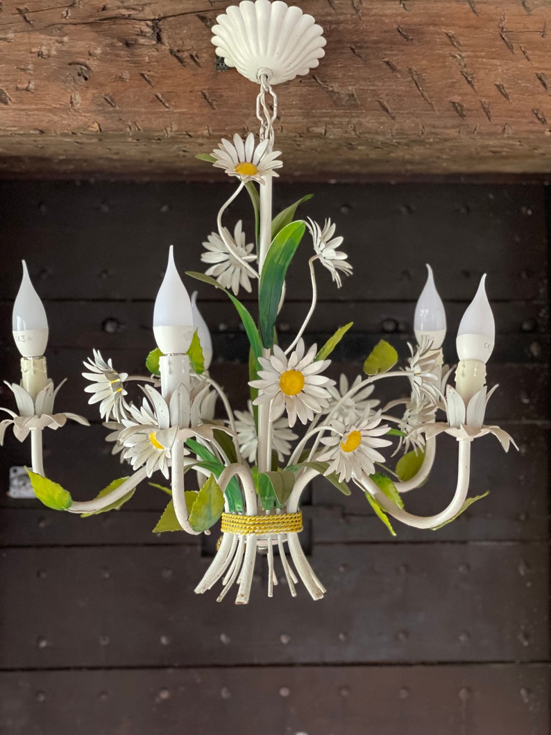 Beautiful Vintage French Daisy Flower Tole Chandelier with 5 branches image 1