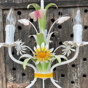 Extremely Pretty French Daisy Tole Chandelier. 3 branches. Exquisite for a nursery.