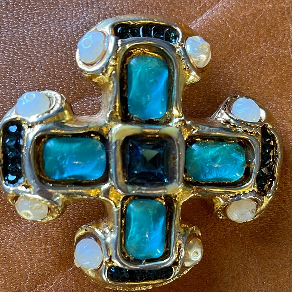 Gorgeous Vintage Kalinger design brooch. Green and Blue Glass Cross with Pearls
