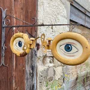 Letrero de optometrista antiguo Soporte de pared Antigüedades ópticas Gafas amarillas Letrero de metal vintage Gafas amarillas grandes Tienda Industrial