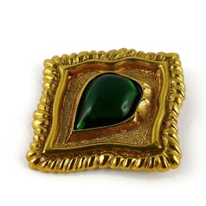 Jean Louis Scherrer Vintage Gold Toned and Green Cabochon Diamond-Shaped Brooch