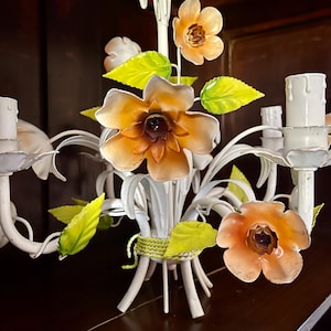 Vintage French Tole Chandelier: Yellow Flower Cottage Chic Lighting