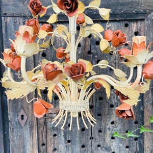 Beautiful French Red Rose Tole Chandelier with 5 branches