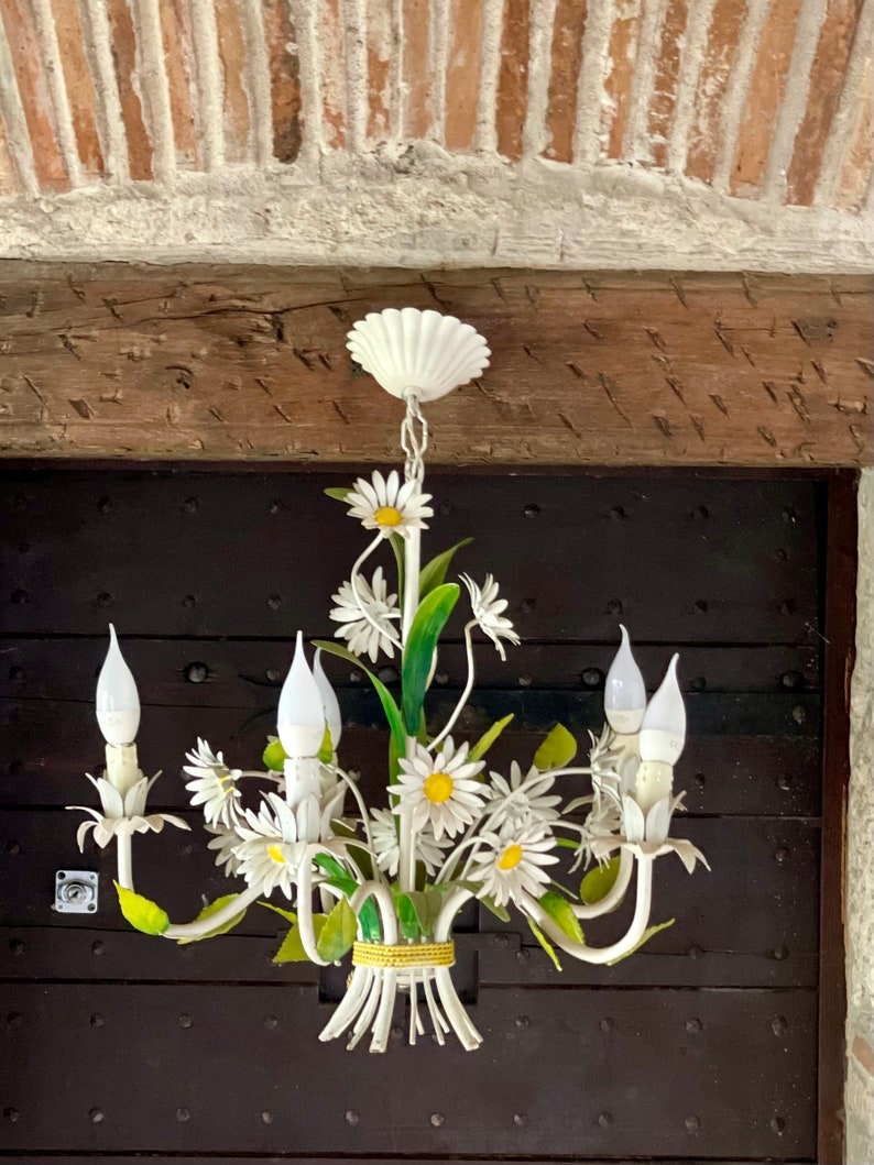 Beautiful Vintage French Daisy Flower Tole Chandelier with 5 branches image 10