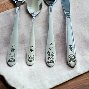 Personalized cutlery for children with engraving Forest motifs forest animals Children's cutlery including wooden box and breakfast board image 1