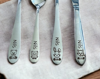 Personalized cutlery for children with engraving | Forest motifs forest animals | Children's cutlery including wooden box and breakfast board