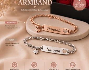 May include: Two personalised bracelets, one rose gold and one silver, each with a name engraved on a rectangular plate and a heart charm. The rose gold bracelet has a heart cutout. The text says "DEIN PERSÖNLICHES ARMBAND".