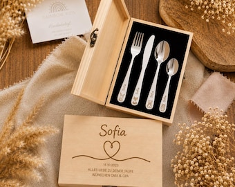 Personalized children's cutlery with engraving and name – gift for birth & christening – optional heart-shaped wooden box – stainless steel