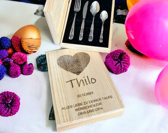 Children's cutlery with engraving / name plate / including wooden box / personalized with name / gift idea / birth / christening gift / fingerprint