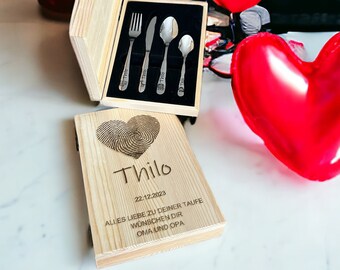 Children's cutlery with engraving / name plate / including wooden box / personalized with name / gift idea / birth / christening gift / fingerprint