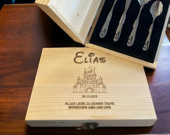 Children's cutlery with engraving / lock / including wooden box / personalized with name / gift idea / birth / christening gift